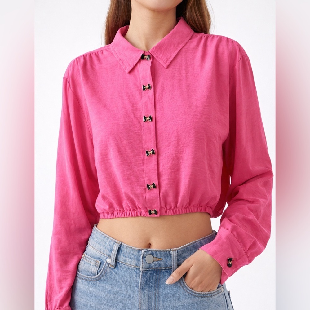 Jolie & Joy Pink Cropped Button-Up Blouse Bow Detail XL Y2K Coquette